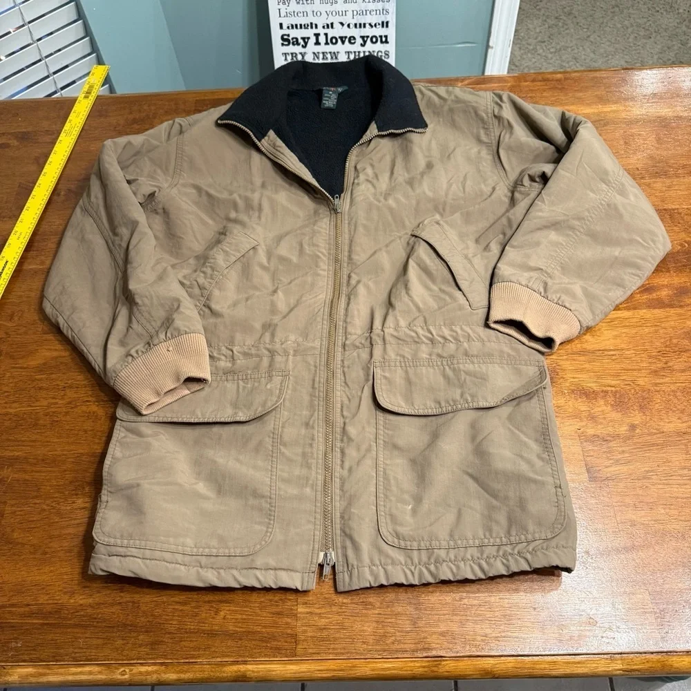 Men's J. Crew Barn coat field Jacket tan with Black Collar fleece lined size Med